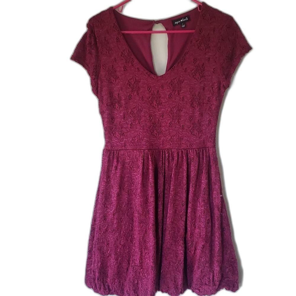 Junior Burgundy Sequin Heart‎ Lace Mini Dress 7 | Party Sparkle Statement